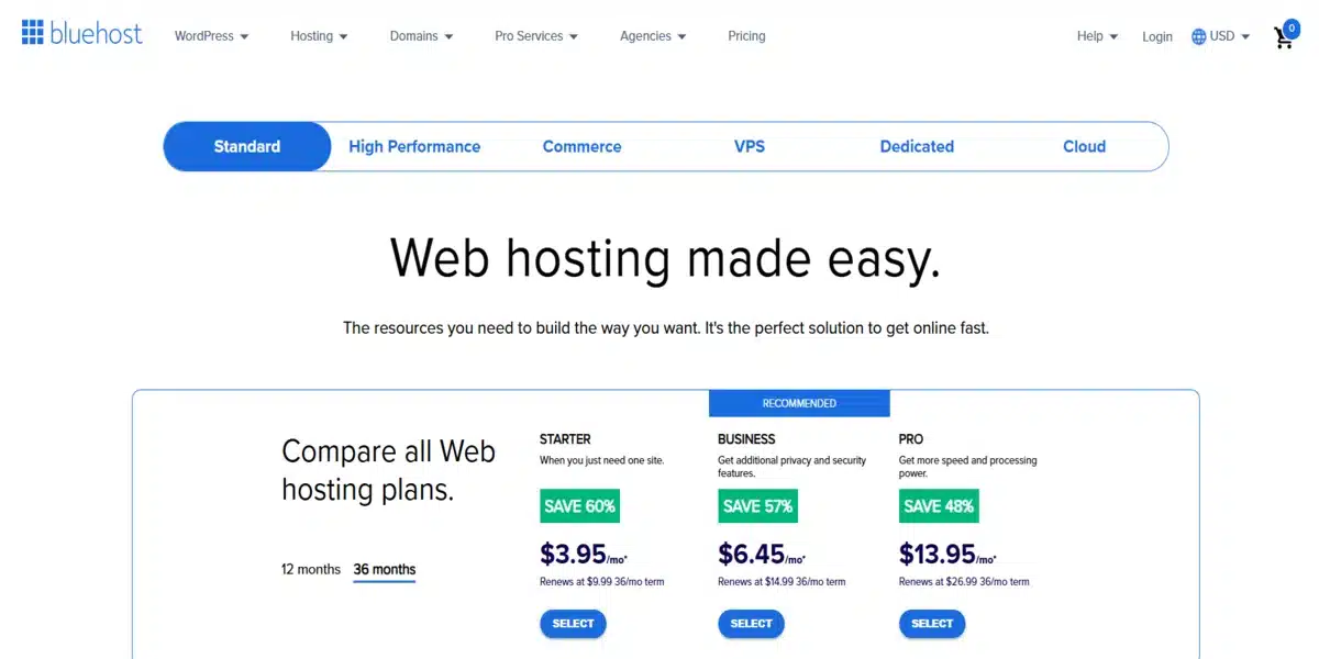 بلوهوست Bluehost أم هوستنجر Hostinger: أيهما الأنسب لاحتياجاتك 30 صورة توضح أسعار وخطط استضافة الويب من Bluehost، بما في ذلك باقات Starter وBusiness وPro لمدة 36 شهراً.