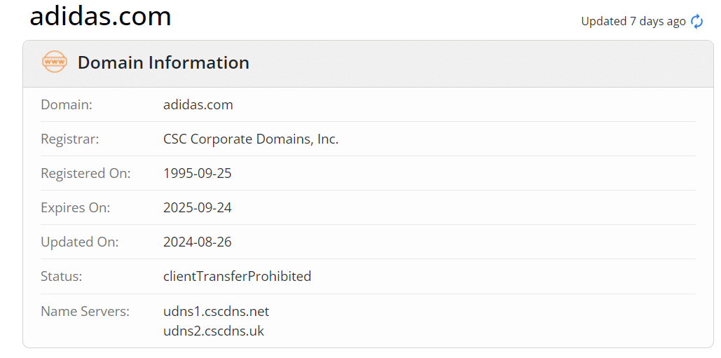 معلومات الموقع و الدومين الأساسية لموقع اديداس عبر بحث WHOIS