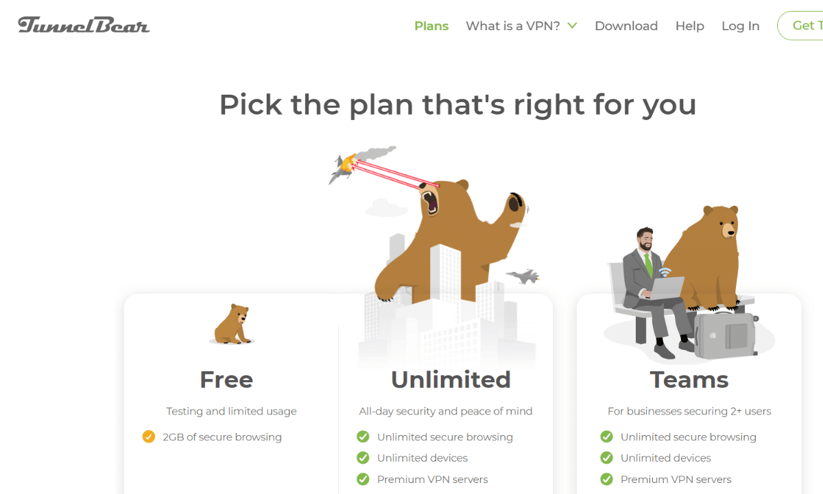 الصفحة الرئيسية ل TunnelBear VPN