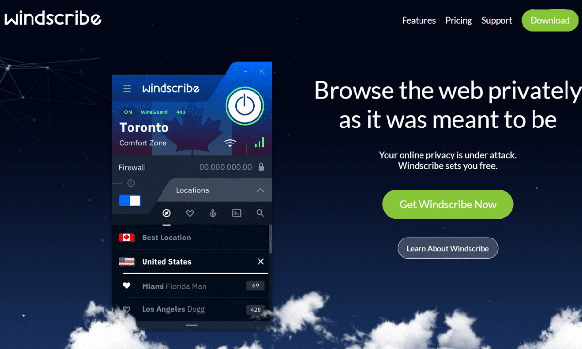 الصفحة الرئيسية لموقع Windscribe VPN