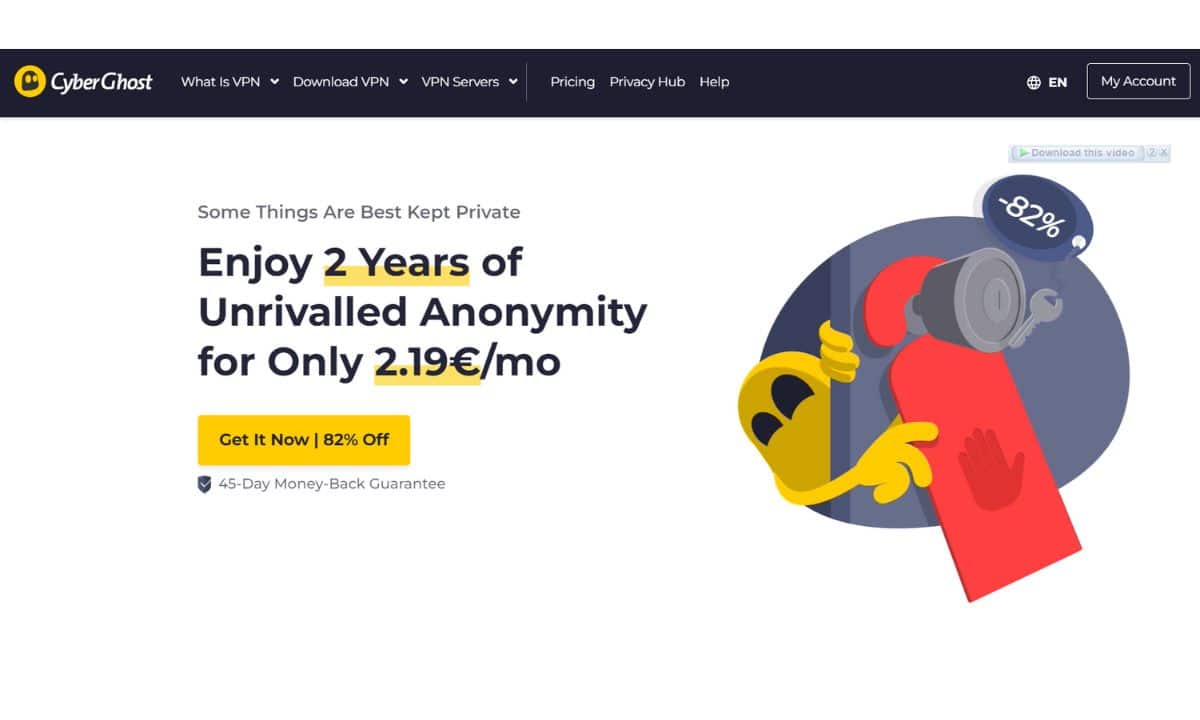صفحة ويب تعرض عرض لاشتراك CyberGhost VPN بخصم 82% على الاشتراك لمدة عامين.