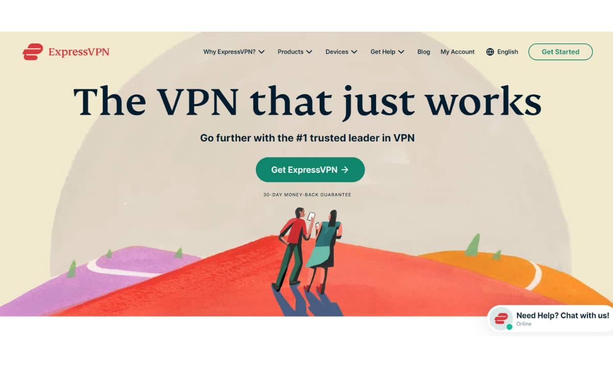 لقطة شاشة لصفحة ExpressVPN الرئيسية مع شعار "VPN الذي يعمل ببساطة"