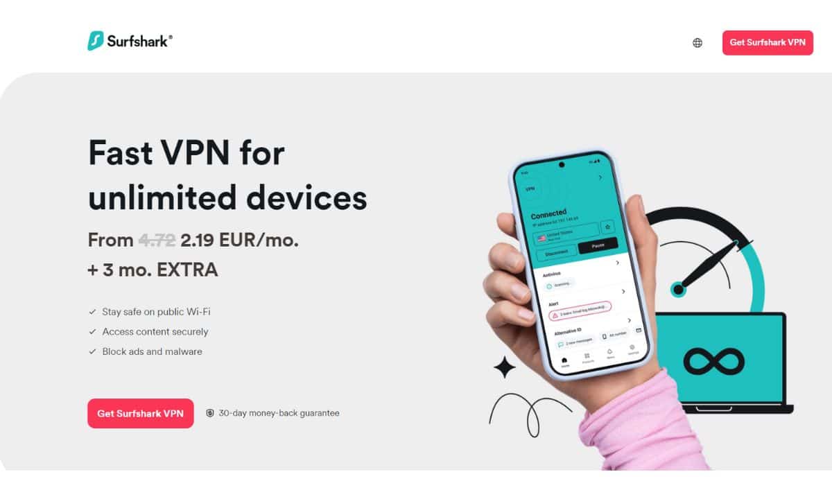 لقطة شاشة لصفحة عرض Surfshark VPN مع خصم 53٪