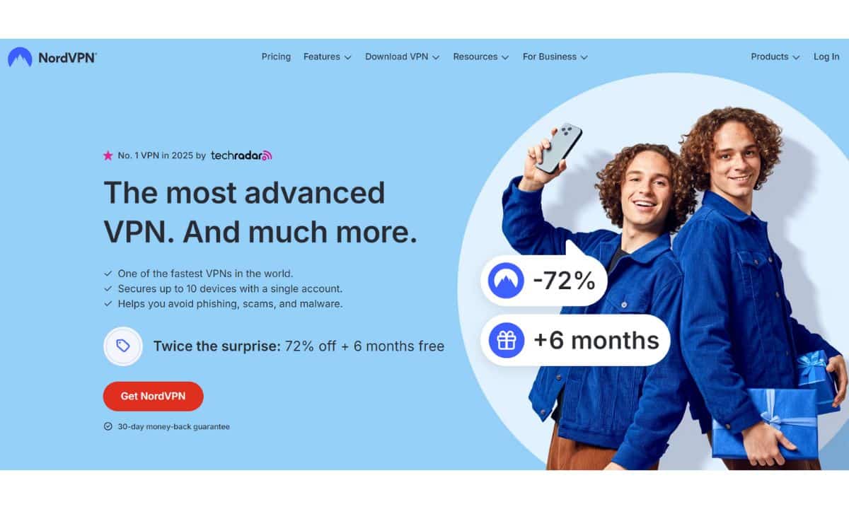 لقطة شاشة لصفحة عرض NordVPN مع خصم 72٪ و 6 أشهر مجانية