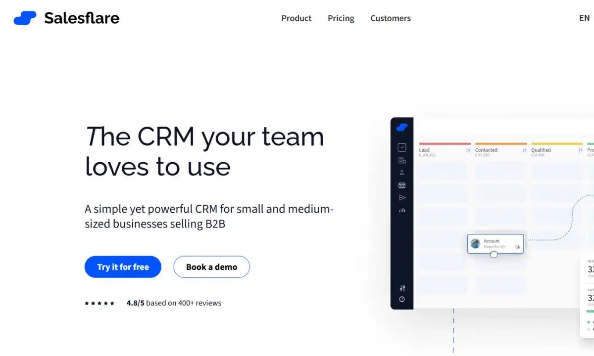 أسعار برامج CRM للشركات الصغيرة والمتوسطة 22 صفحة عرض برنامج Salesflare لبرنامج CRM مع واجهته لإدارة الفرص التجارية.