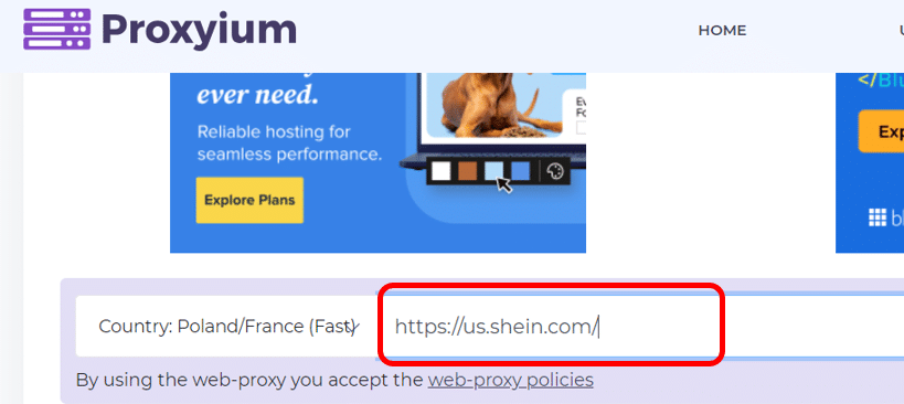 لقطة شاشة لموقع بروكسي مجاني "Proxyium" مع إدخال رابط موقع "us.shein.com" في مربع البحث