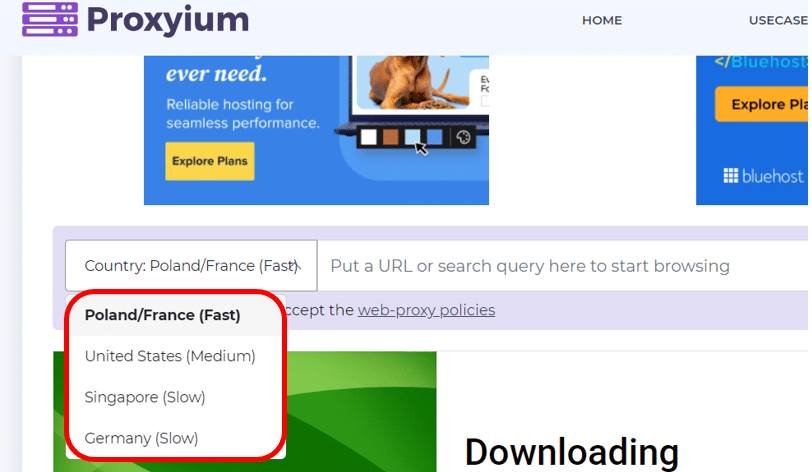 لقطة شاشة لموقع بروكسي مجاني "Proxyium" مع قائمة خيارات الدول المتاحة لفتح المواقع المحجوبة بدون VPN