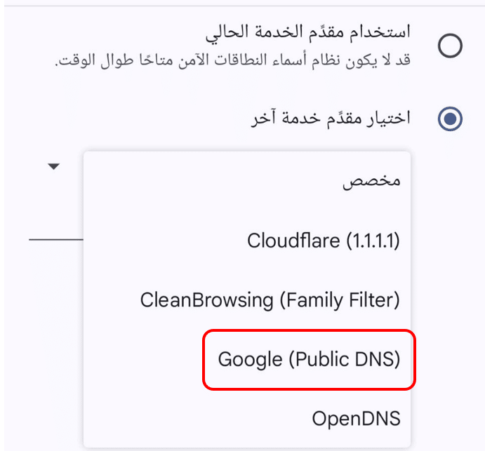قائمة خيارات مقدمي خدمة نظام أسماء النطاقات (DNS) في جوجل كروم مع تحديد خيار "جوجل (نظام أسماء نطاقات DNS عمومي)"