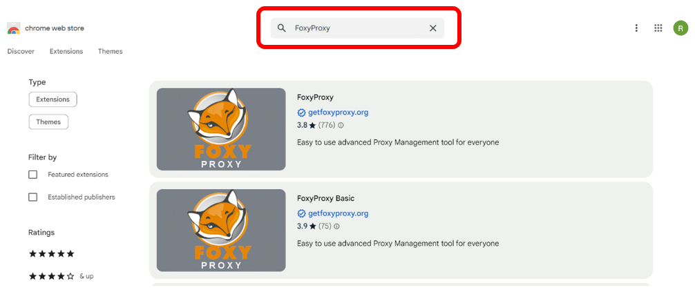 لقطة شاشة لمتجر إضافات جوجل كروم مع إدخال "FoxyProxy" في مربع البحث