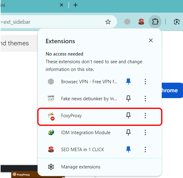 لقطة شاشة لقائمة إضافات جوجل كروم مع إبراز إضافة FoxyProxy