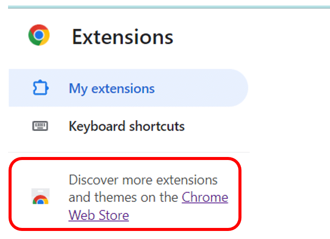 لقطة شاشة لصفحة إضافات جوجل كروم مع إبراز رابط "متجر Chrome الإلكتروني"