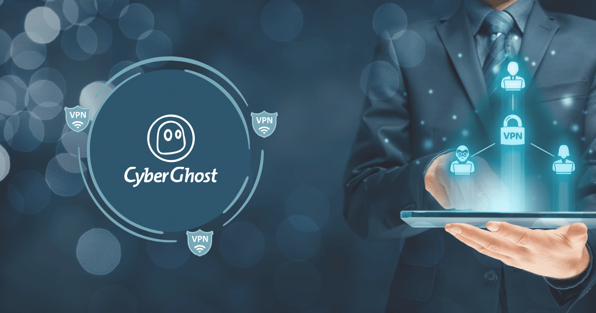 شعار Cyber Ghost VPN يظهر على خلفية رقمية، يمثل الحماية والأمان على الإنترنت.