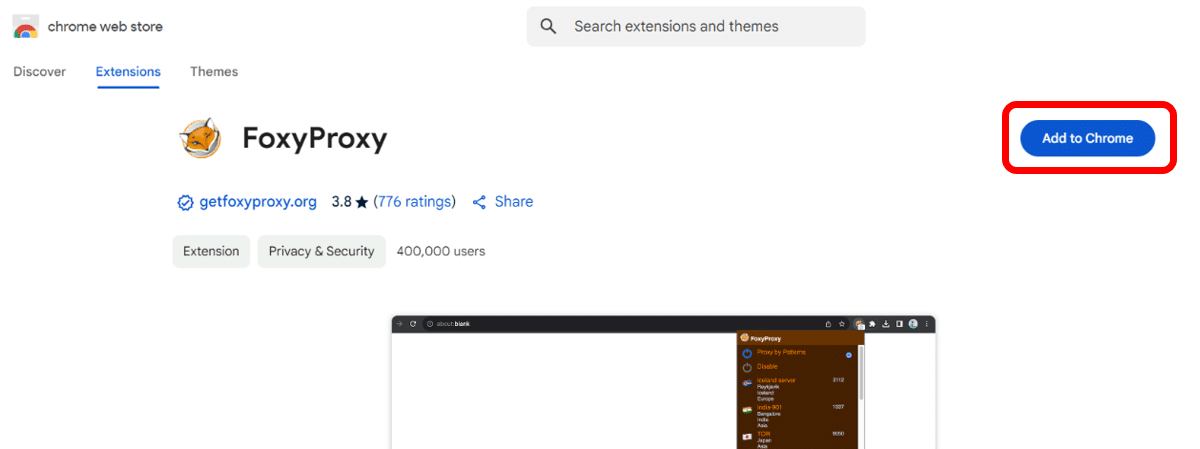 لقطة شاشة لمتجر إضافات جوجل كروم مع إبراز زر "إضافة إلى Chrome" لتثبيت إضافة FoxyProxy