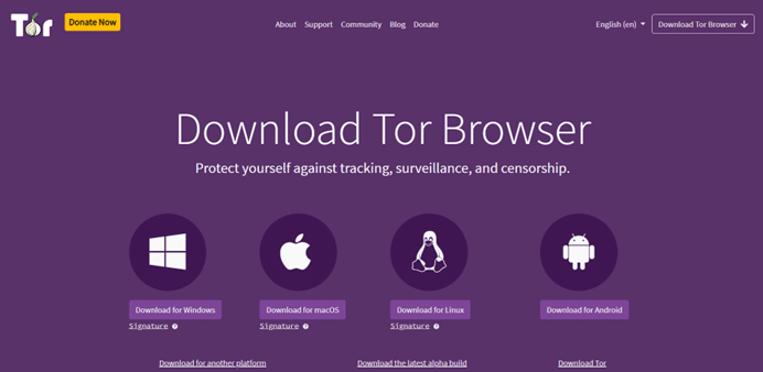 لقطة شاشة للصفحة الرئيسية لموقع متصفح تور (Tor) مع خيارات لفتح المواقع المحجوبة بدون VPN
