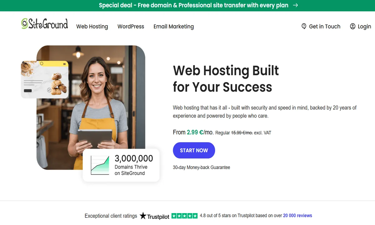 عرض استضافة SiteGround يشمل دومين مجاني ونقل احترافي للموقع.