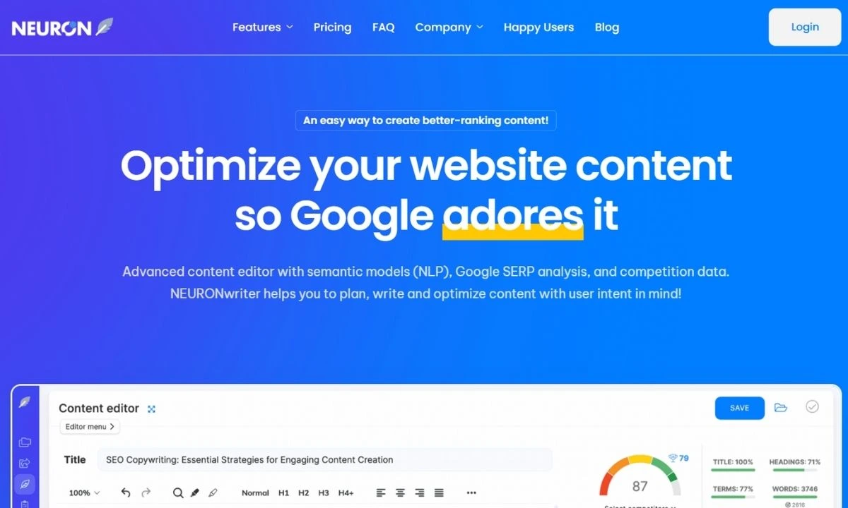 واجهة NeuronWriter لأدوات تحرير المحتوى وتحسينه