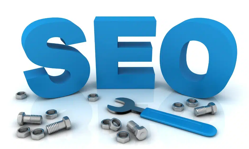 كلمة SEO ثلاثية الأبعاد مع أدوات ومسامير.