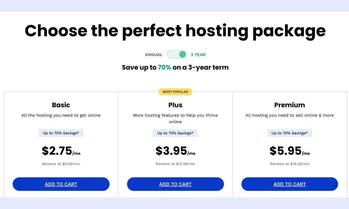 سعر استضافة المواقع Web.com مع الخيارات الشهرية والسنوية.