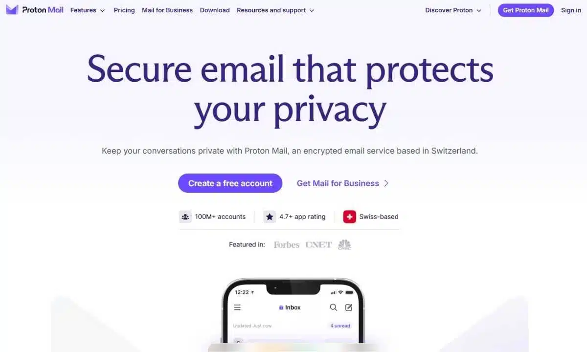 أفضل سعر استضافة ايميل شركة: 10 حلول اقتصادية وموثوقة 6 واجهة موقع Proton Mail الذي يقدم خدمة بريد إلكتروني آمن يحافظ على الخصوصية.