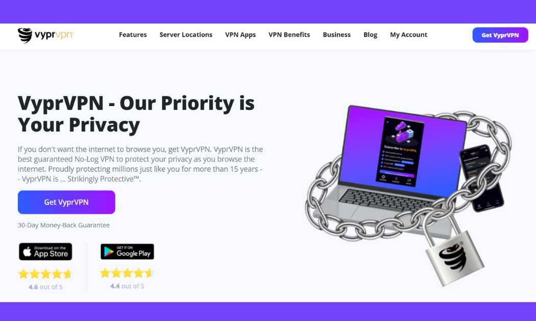 أفضل VPN سنغافورة: خيارات مجانية ومدفوعة يثق بها المستخدمون 25 صفحة ويب VyprVPN باللغة الإنجليزية تركز على خصوصية المستخدم وتوفر زرًا للحصول على VPN مع إشارة ضمنية إلى إمكانية توفير خوادم في مواقع مختلفة مثل سنغافورة.