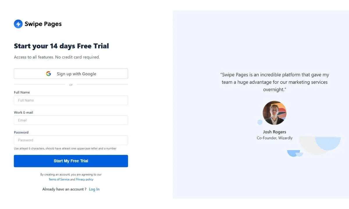 نموذج تسجيل الدخول لتجربة Swipe Pages المجانية.