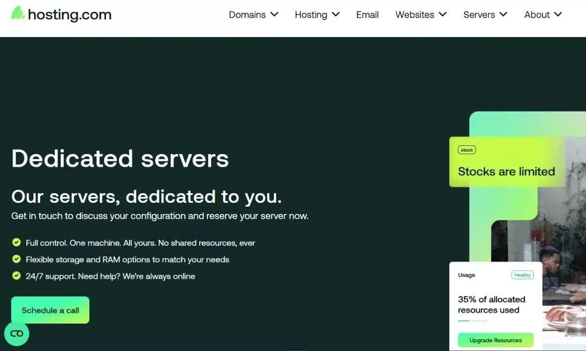 ما هي السيرفرات الخاصة (Dedicated Server)؟وهل هي الأنسب لك؟ 3 لقطة شاشة لموقع hosting.com تعرض صفحة السيرفرات الخاصة.