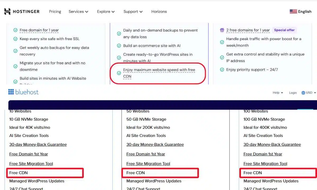 ما هو الباندويث (Bandwidth) في الاستضافة؟ وكيف يُحسب؟ 3 لقطة شاشة لعروض استضافة المواقع من شركتي هوستنجر (Hostinger) وبلوهوست (Bluehost)، مع إبراز ميزة CDN المجاني والباندويث Bandwidth