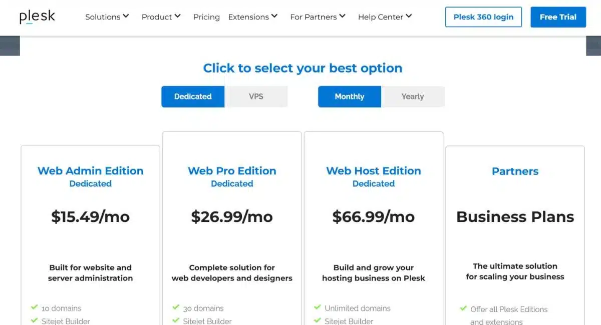  لقطة شاشة لأسعار خطط Plesk المختلفة (Web Admin, Web Pro, Web Host) مع خيارات الدفع الشهري والسنوي.