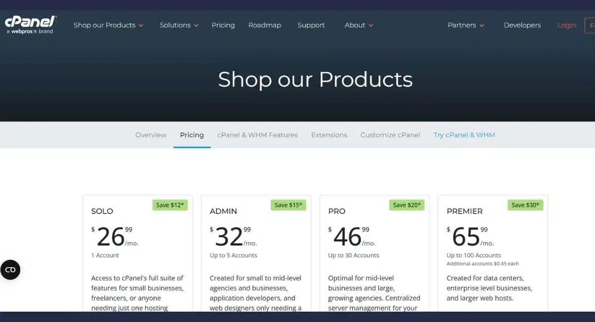 لقطة شاشة لصفحة أسعار منتجات cPanel المختلفة (SOLO, ADMIN, PRO, PREMIER).