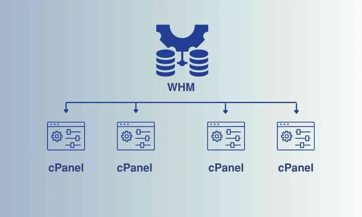 رسم بياني يوضح WHM يتحكم في أربع لوحات cPanel.